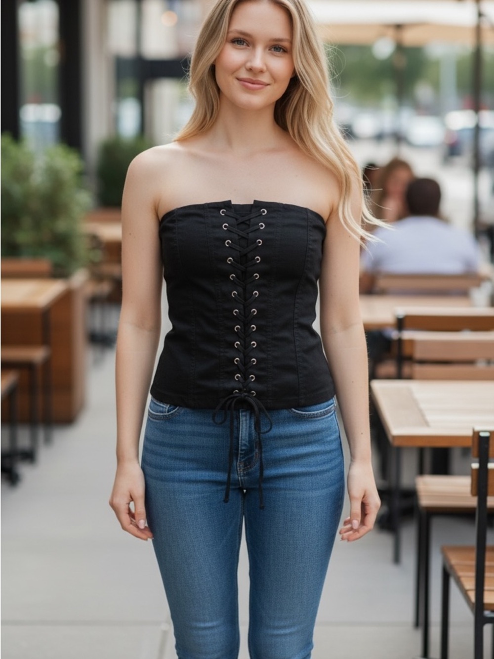 Strapless Lace-Up Corset Bodysuit in Black size Large